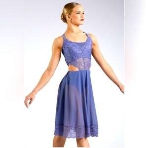 Beautiful periwinkle halter dress. Costume enhanced with Swarovski crystals.